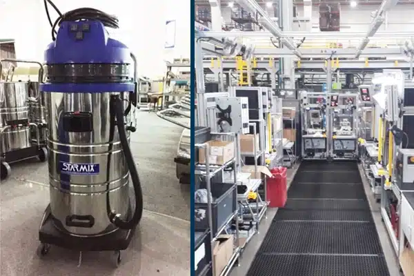 Aspiradores industriais de pó e líquidos profissionais em aço inox e tapetes ergonômicos antifadiga para segurança do trabalho e NR17.