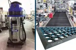 Conjunto de soluções industriais: aspirador de pó e líquido profissional em aço inox e tapete ergonômico antifadiga vazado para segurança do trabalho e NR17.